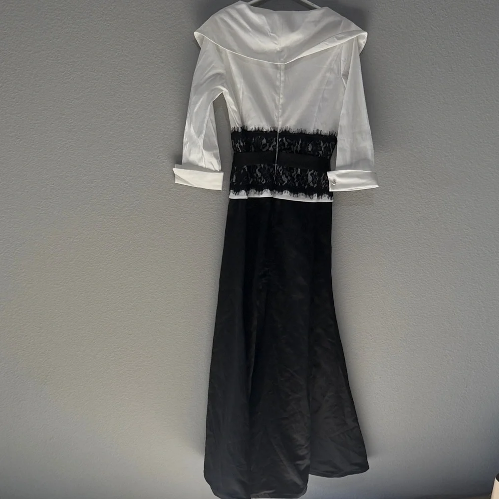 Elegant Chic Black and White Lace Maxi Dress belted wide shoulder sz 12 formal